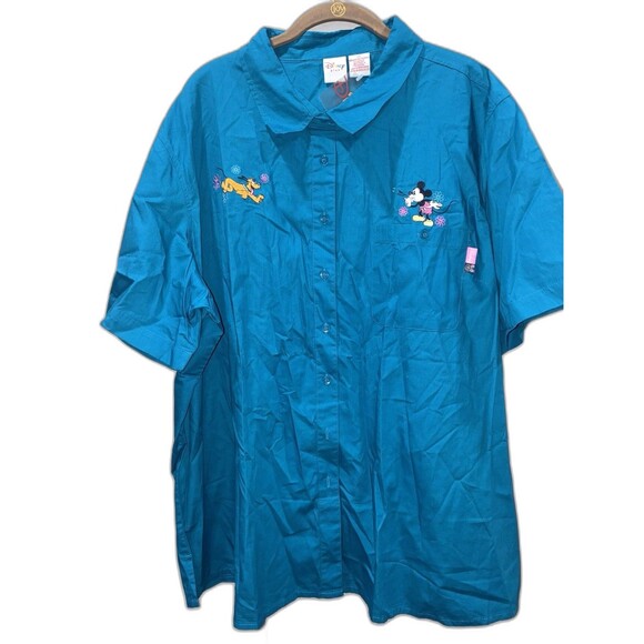 NEW Vintage Disney Plus Mickey & Pluto Embroidered Button Up 1X Blue Cotton - Picture 1 of 8